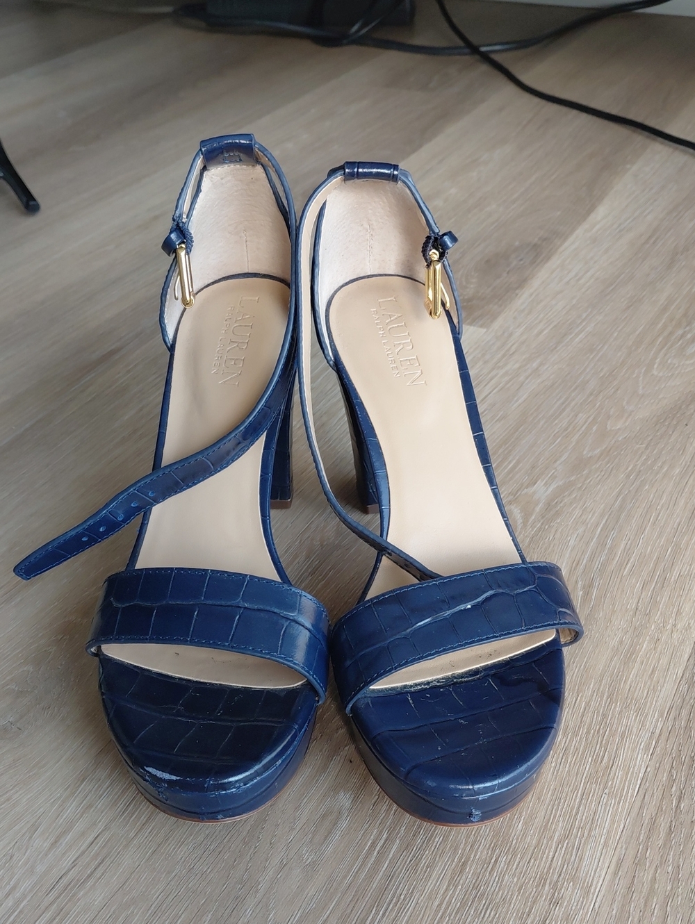 Lauren Ralph Lauren Navy Croc-Embossed High Heel Sandals